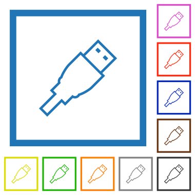 Beyaz arkaplanda kare çerçevelerdeki USB ana hatlı düz renk simgeleri