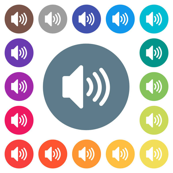 Volume solid flat white icons on round color backgrounds. 17 background color variations are included.