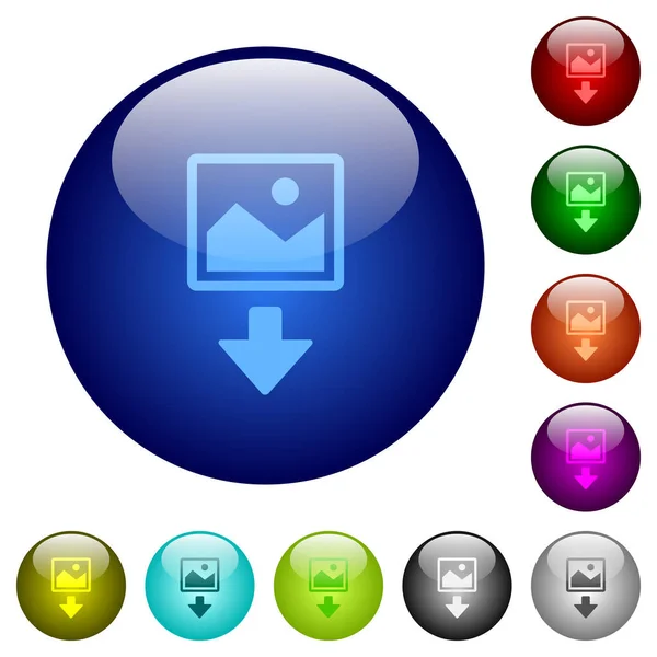 複数の色の丸いガラスのボタンに画像のアイコンをダウンロードします 配置された層構造 — ストックベクタ