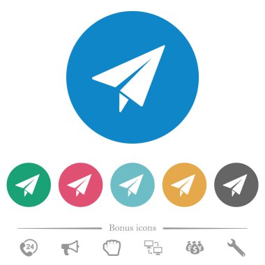 Kağıt uçak düz beyaz simgeler yuvarlak renkli arka planlar. 6 bonus simgesi dahil.