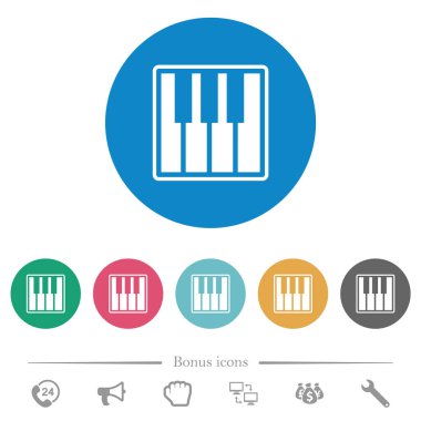 Piyano klavyesi, yuvarlak renkli arka planda düz beyaz simgeler. 6 bonus simgesi dahil.