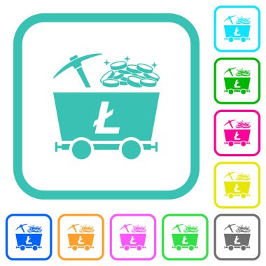 Litecoin kripto para birimi madenciliği. Beyaz arka planda eğri kenarlı, parlak renkli düz simgeler.
