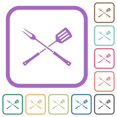 Çapraz konumda barbekü çatalı ve spatula beyaz arkaplanda renkli yuvarlak kare çerçeveler basit simgeler