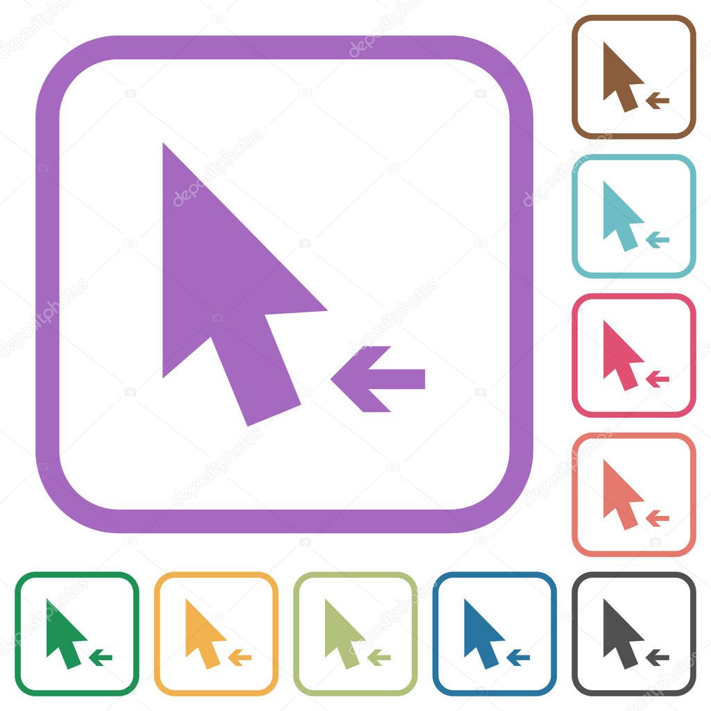 Arrow cursor left solid simple icons in color rounded square frames on white background