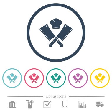 İki çapraz et satırı ve şef şapkası düz renkli simgeler yuvarlak hatlarda. 6 bonus simgesi dahil.