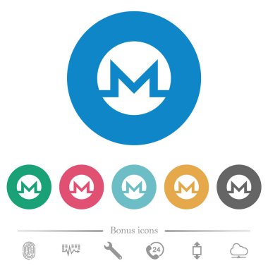 Monero dijital kripto para birimi düz beyaz simgeler yuvarlak renkli arkaplanlar. 6 bonus simgesi dahil.