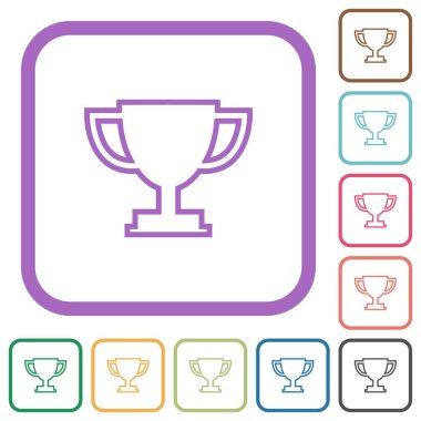 Kupa kupası, beyaz arkaplanda renkli yuvarlak kare çerçevelerle basit simgeleri özetliyor