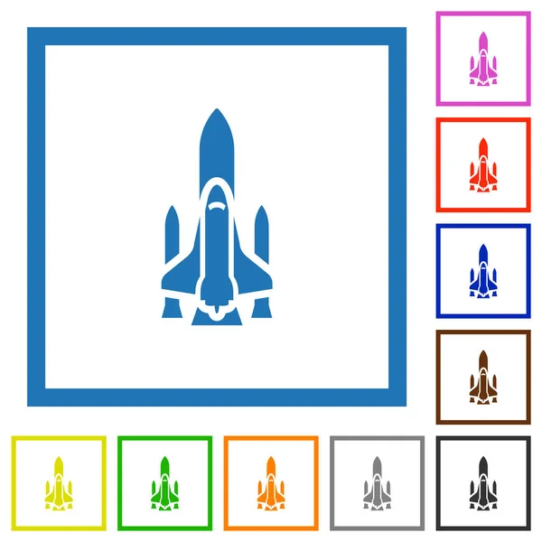 Space Shuttle Con Lanciatori Icone Colori Piatte Cornici Quadrate Sfondo — Vettoriale Stock