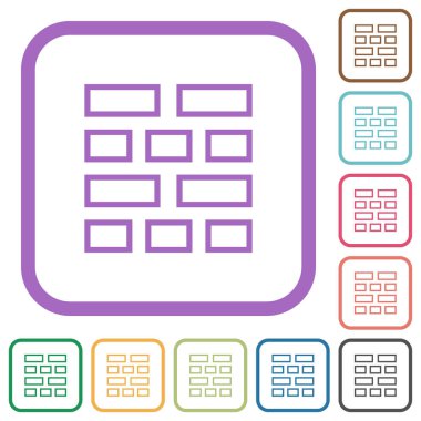 Tuğla duvar ana hatları beyaz arkaplan üzerinde renkli yuvarlak kare çerçeveler basit simgeler