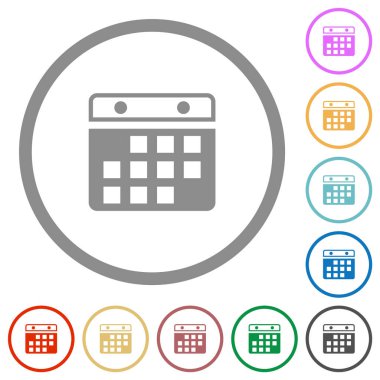 Takvim asılı beyaz arkaplan üzerinde yuvarlak anahatlar içinde düz sürüm renk simgeleri