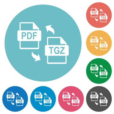 Yuvarlak renk arkaplanında PDF TGZ dosya sıkıştırma düz beyaz simgeleri