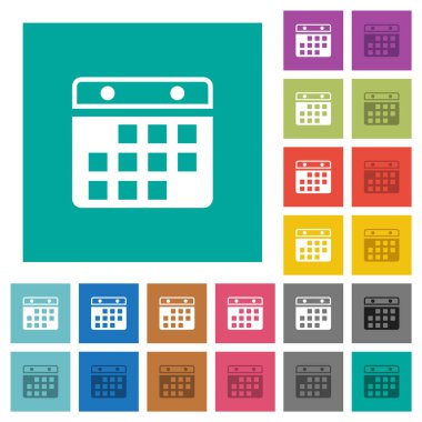 Takvim asılıyor düz kare arkaplan üzerinde çok renkli düz simgeler. Uçan veya etkin efektler için beyaz ve koyu simge varyasyonları.