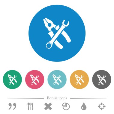 Çapraz konumda birleşik pense ve ingiliz anahtarı yuvarlak renkli arka planda düz beyaz simgeler. 6 bonus simgesi dahil.