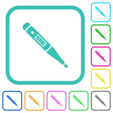 Beyaz arkaplan üzerinde eğri kenarlarda dijital termometre renkli düz simgeler