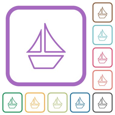 Yelkenli ana hatları, beyaz arkaplanda renkli yuvarlak kare çerçevelerle basit simgeler çizer