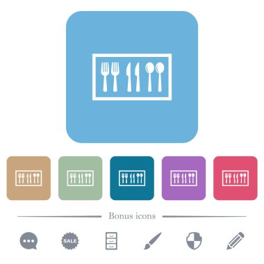 Renkli yuvarlak kare arkaplan üzerine beyaz renkli çatal bıçak kutusu simgeleri. 6 bonus simgesi dahil