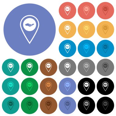 GPS konum servisi yuvarlak arkaplanlarda çok renkli düz simgeler. Uçma ve aktif durum efektleri için beyaz, açık ve koyu simge varyasyonları ve bonus gölgeler.