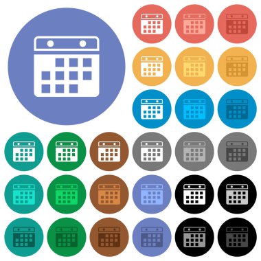 Takvim asılıyor. Yuvarlak arkaplanda çok renkli düz simgeler var. Uçma ve aktif durum efektleri için beyaz, açık ve koyu simge varyasyonları ve bonus gölgeler.