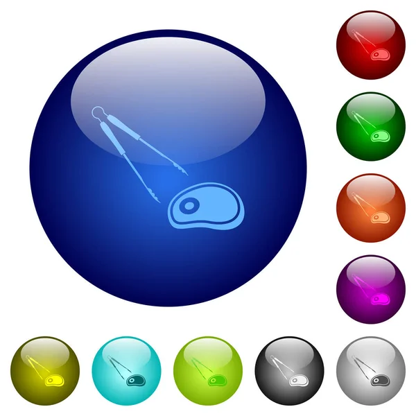 複数の色の丸いガラスのボタンのバーベキュートングとステーキアイコン 配置された層構造 — ストックベクタ