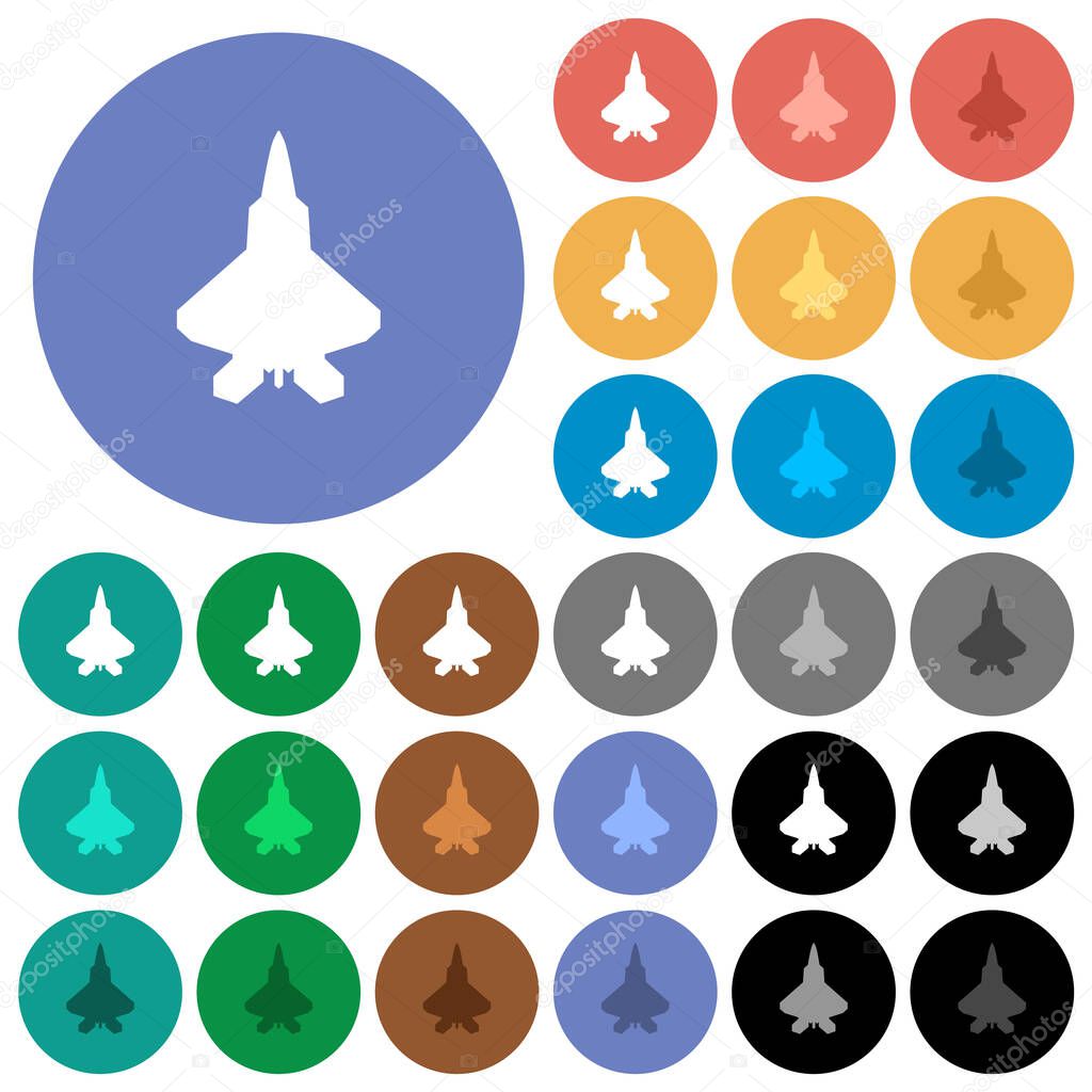 Jet fighter silhouette multi colored flat icons on round backgrounds. Included white, light and dark icon variations for hover and active status effects, and bonus shades.