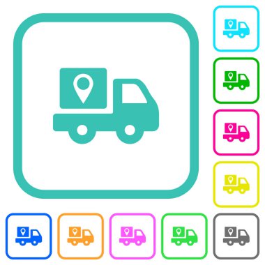 Paket teslimatı beyaz arkaplan üzerinde eğimli sınırlarda katı renkli düz simgeler takip ediyor