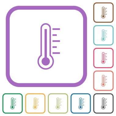 Termometre sıcak sıcaklık simgeleri beyaz arkaplanda renkli yuvarlak kare çerçeveler halinde basit simgeler