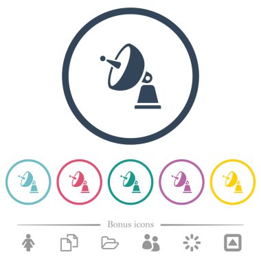 Yuvarlak hatlı uydu anteni düz renk simgeleri. 6 bonus simgesi dahil.