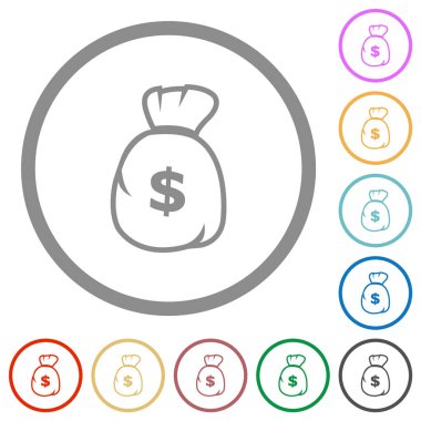 Dolar para çantası beyaz arkaplanda yuvarlak ana hatlarda düz renk simgeleri ana hatları