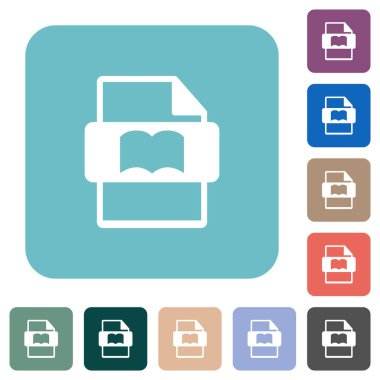 Renkli yuvarlak kare arkaplan üzerine beyaz düz simgeler kitap tipi