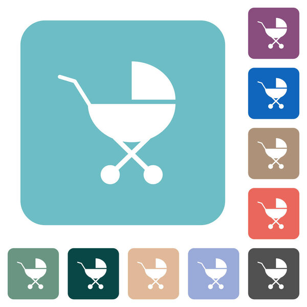 Детская коляска сплошные белые плоские иконки на цветных округлых квадратных фонов