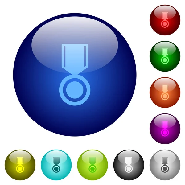 複数の色のラウンドガラスボタン上のメダル固体アイコン 配置された層構造 — ストックベクタ