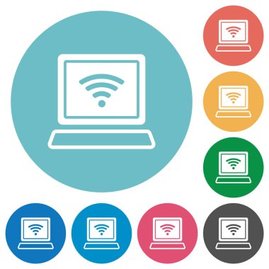 Kablosuz sembollü dizüstü bilgisayar yuvarlak renk arkaplanında düz beyaz simgeler