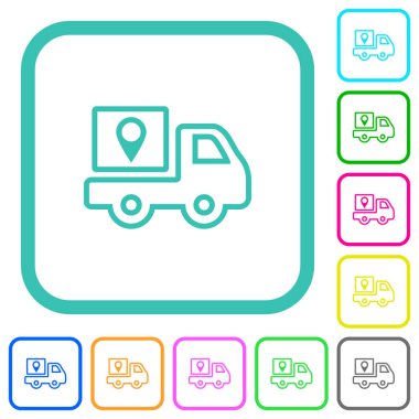 Paket teslimatı, beyaz arkaplan üzerinde eğimli sınırlarda canlı renkli düz simgelerin izini sürüyor