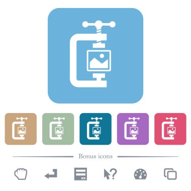 Renkli yuvarlak kare arkaplanlarda resim sıkıştırma katı beyaz düz simgeleri. 6 bonus simgesi dahil
