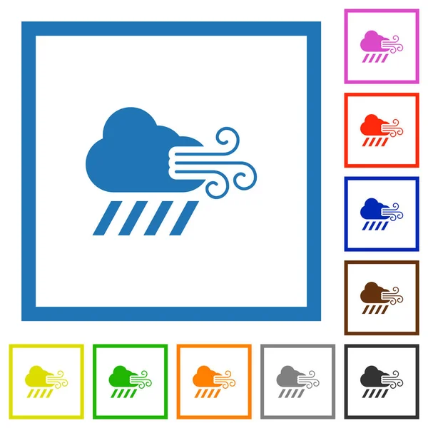 Windy Downpour Weather Flat Color Icons Square Frames White Background — Stock Vector