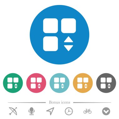 Bileşen düz beyaz simgeleri yuvarlak renk arkaplanlarına göre ayarla. 6 bonus simgesi dahil.