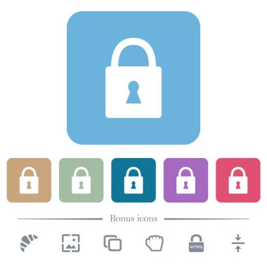 Renkli yuvarlak kare arka planlarda, kilit delikli, düz beyaz simgelerle kilitlenmiş asma kilit. 6 bonus simgesi dahil