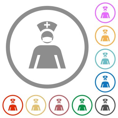 Maske düz renk simgelerine sahip hemşire beyaz arkaplanda yuvarlak hatlar çiziyor