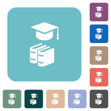 Kitap içeren mezuniyet başlığı. Renkli yuvarlak kare arkaplan üzerine beyaz düz simgeler.