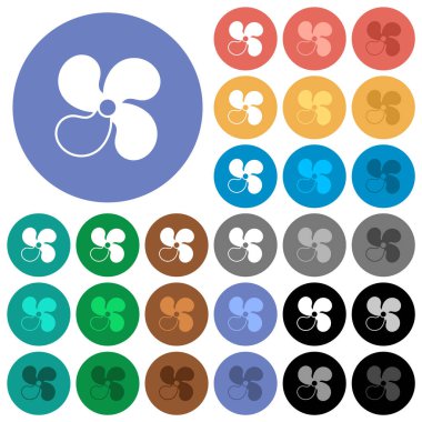 Vantilatör seviyesi 3. Renkli düz simgeler yuvarlak arka planda. Uçma ve aktif durum efektleri için beyaz, açık ve koyu simge varyasyonları ve bonus gölgeler.