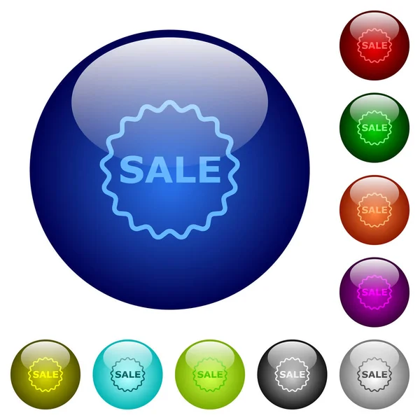 Satış Rozeti Simgeleri Farklı Renklerde Yuvarlak Cam Düğmelerde Düzenlenmiş Katman — Stok Vektör