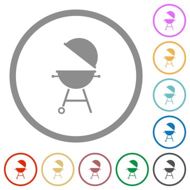 Açık kapaklı barbekü ızgarası. Beyaz arkaplan üzerinde yuvarlak çizgiler halinde düz renk simgeleri.