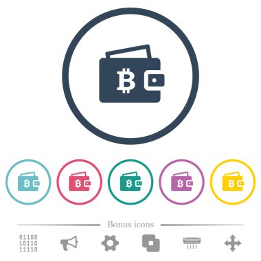 Bitcoin cüzdan düz renk simgeleri yuvarlak hatlar. 6 bonus simgesi dahil.