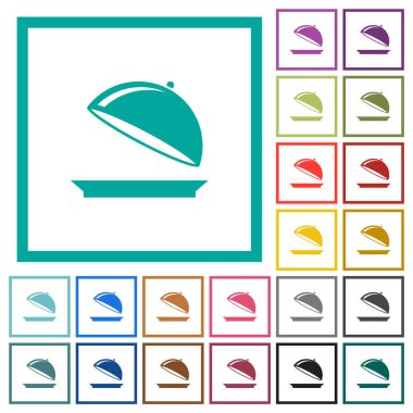 Beyaz arkaplanda çeyrek çerçeve içeren parlatıcı düz renk simgelerine sahip yemek tepsisini aç