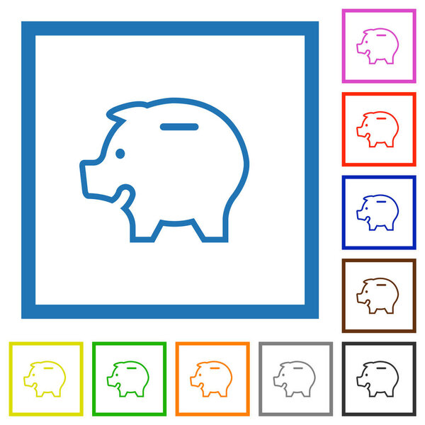 Left facing piggy bank outline flat color icons in square frames on white background
