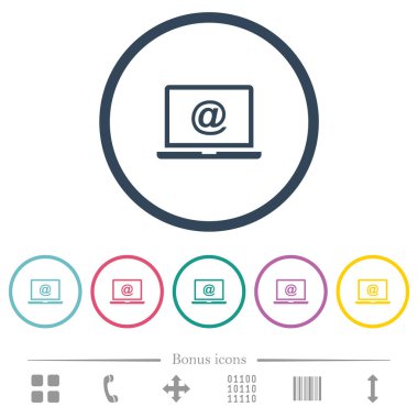 Yuvarlak hatlarda e-posta sembolü düz renk simgelerine sahip dizüstü bilgisayar. 6 bonus simgesi dahil.