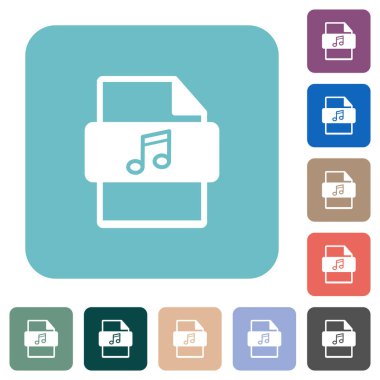 Renkli yuvarlak kare arkaplan üzerine beyaz düz simgeler müzik dosyası tipi