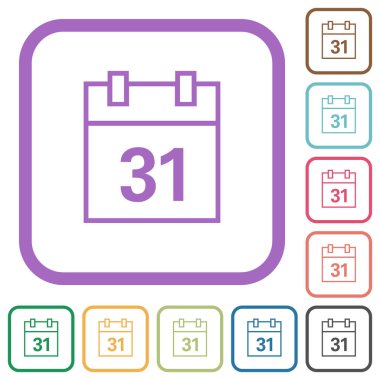 Takvim ana hatları beyaz arkaplan üzerinde renkli yuvarlak kare çerçeveler basit simgeler