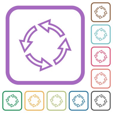 Beyaz arkaplanda basit simgeleri renkli yuvarlak kare çerçevelerle döndür