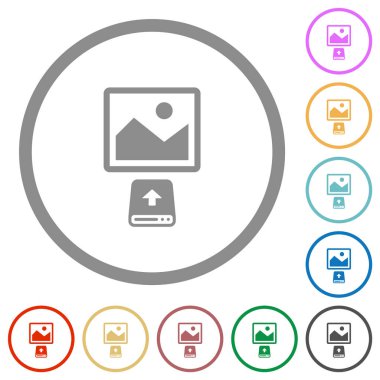 Sabit disk düz renk simgelerinden resmi beyaz arkaplanda yuvarlak ana hatlarla yükle